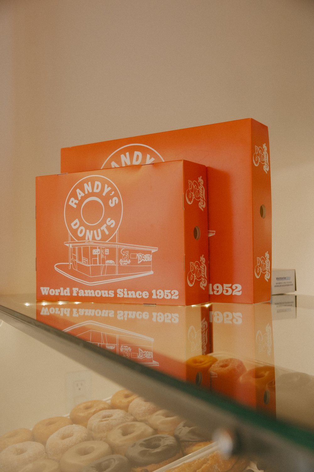 Randy's Donuts boxes on the counter, World Famous Since 1952
