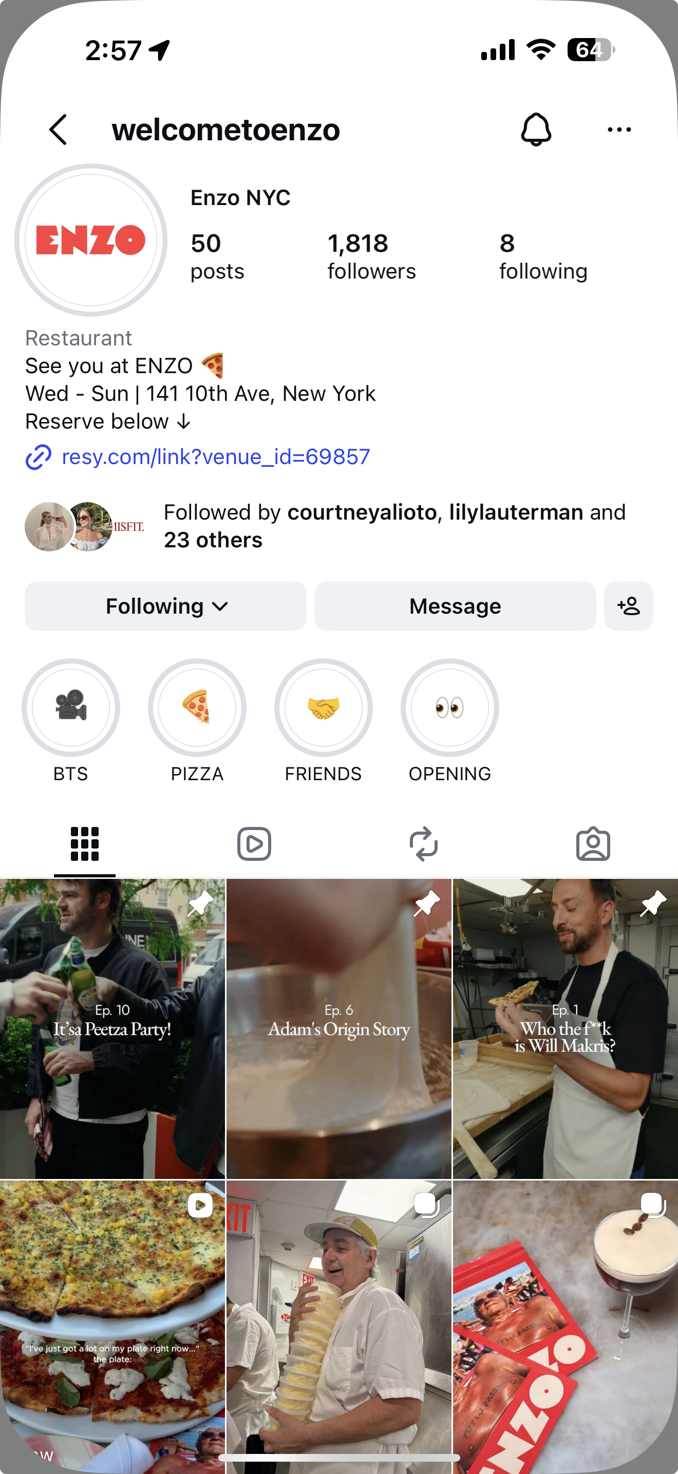 Bar Enzo Instagram profile @welcometoenzo