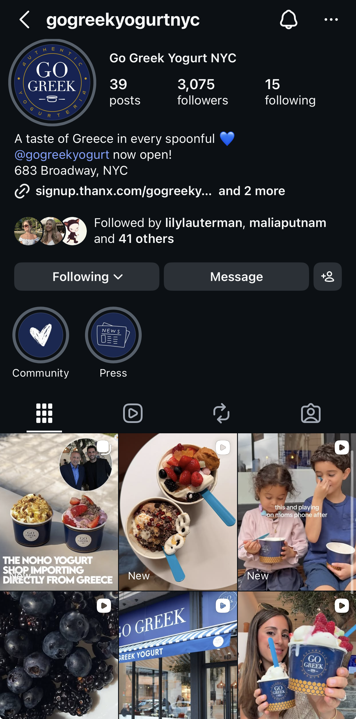 Go Greek NYC Instagram profile