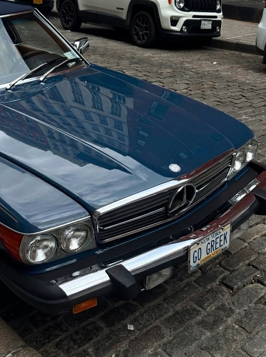 Go Greek license plate on Mercedes in NYC