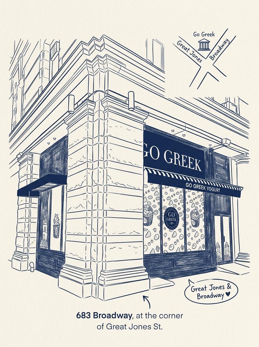 Go Greek 683 Broadway storefront illustration